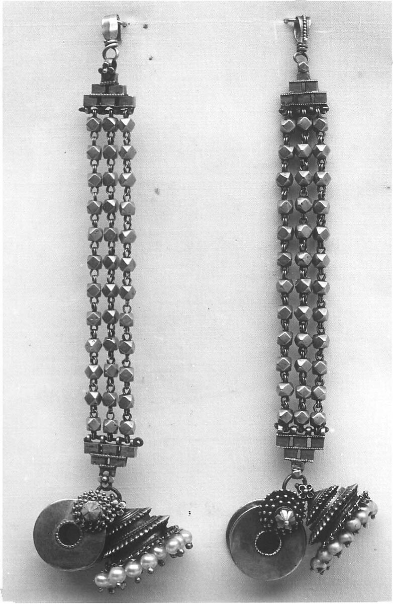 Hair / Ear Ornament, One of a Pair, Gold and silver, imitation pearl