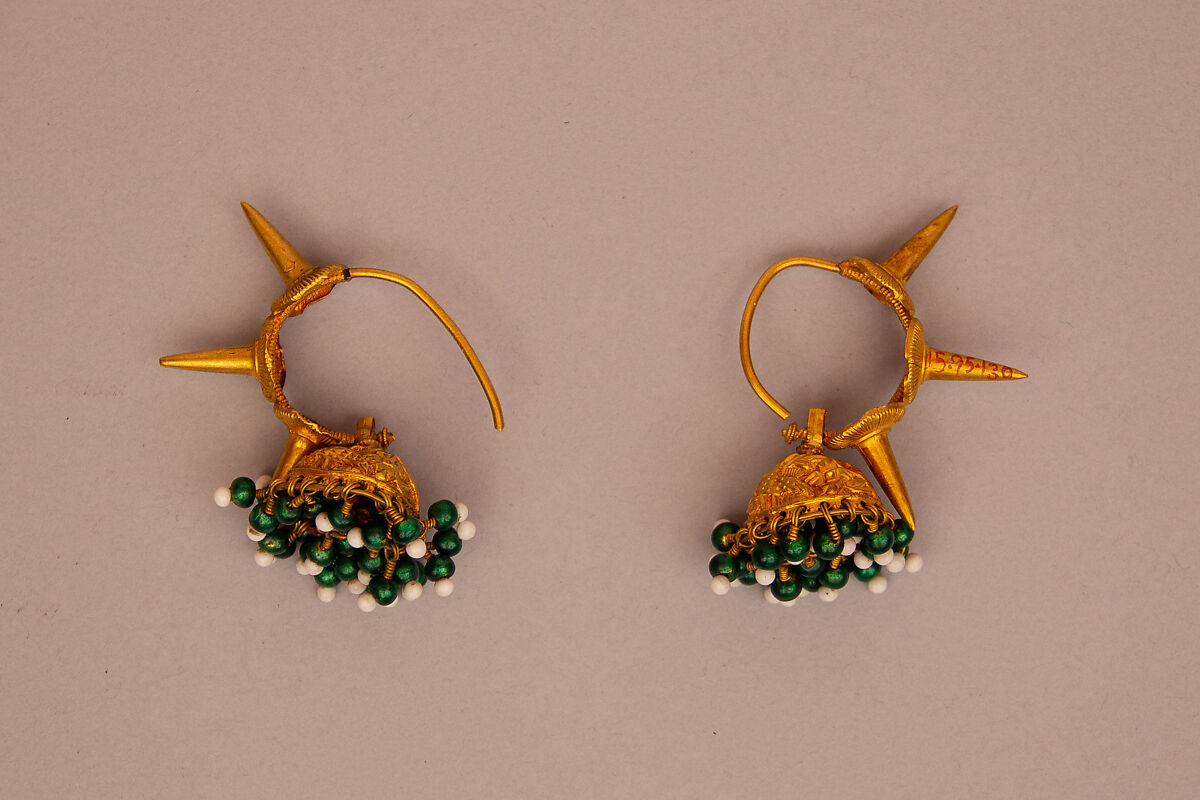 Earring, One of a Pair, Gold and glass beads