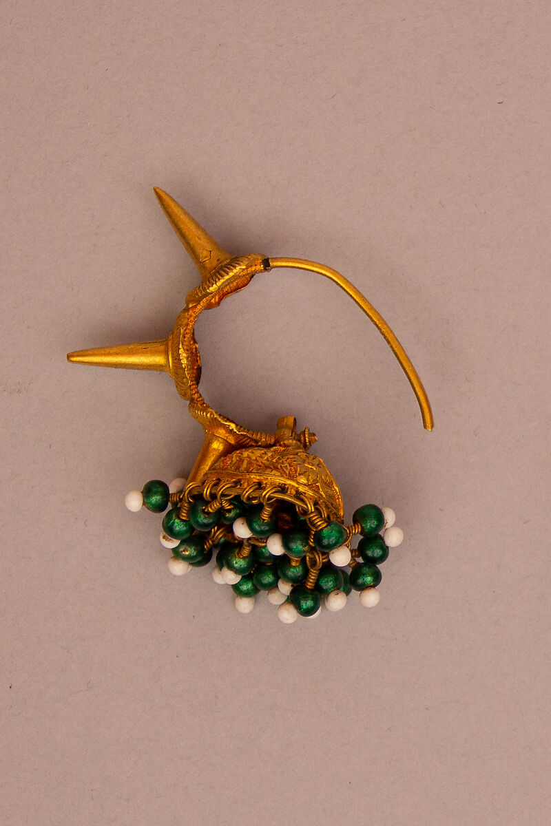 Earring, One of a Pair, Gold and glass beads 