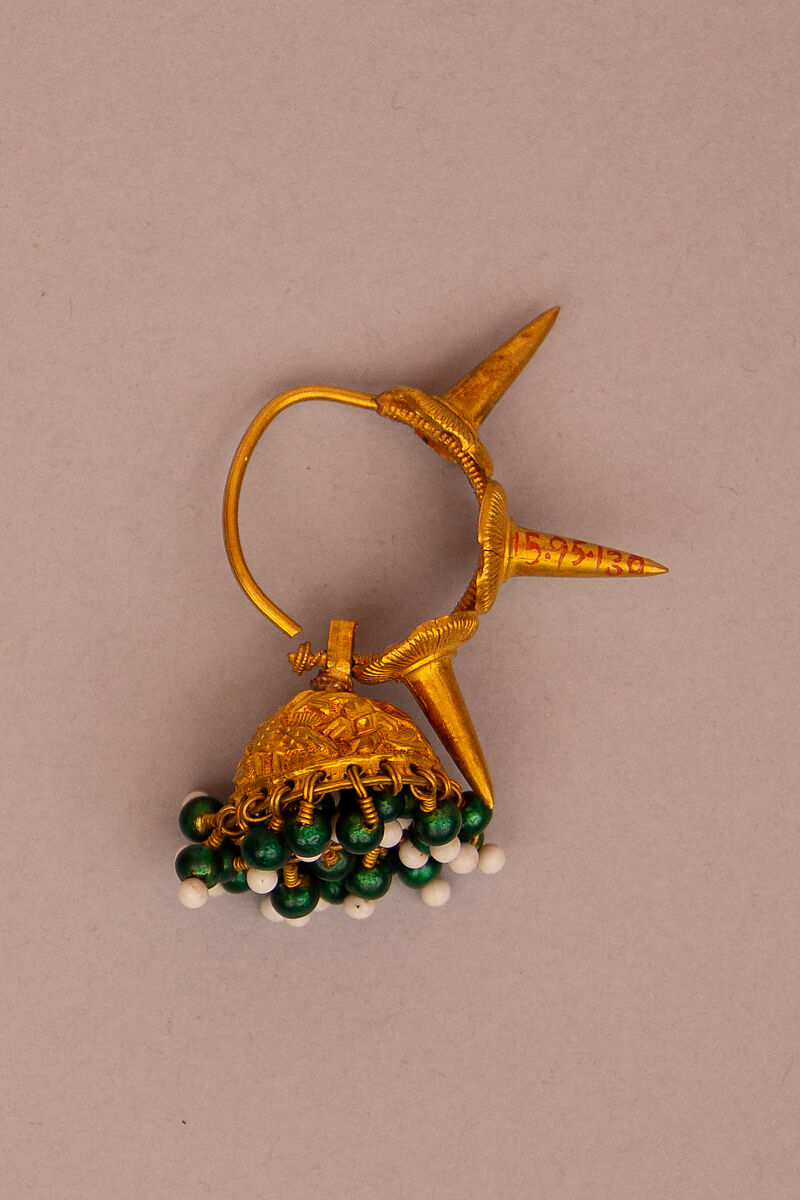 Earring, One of a Pair, Gold and glass beads 