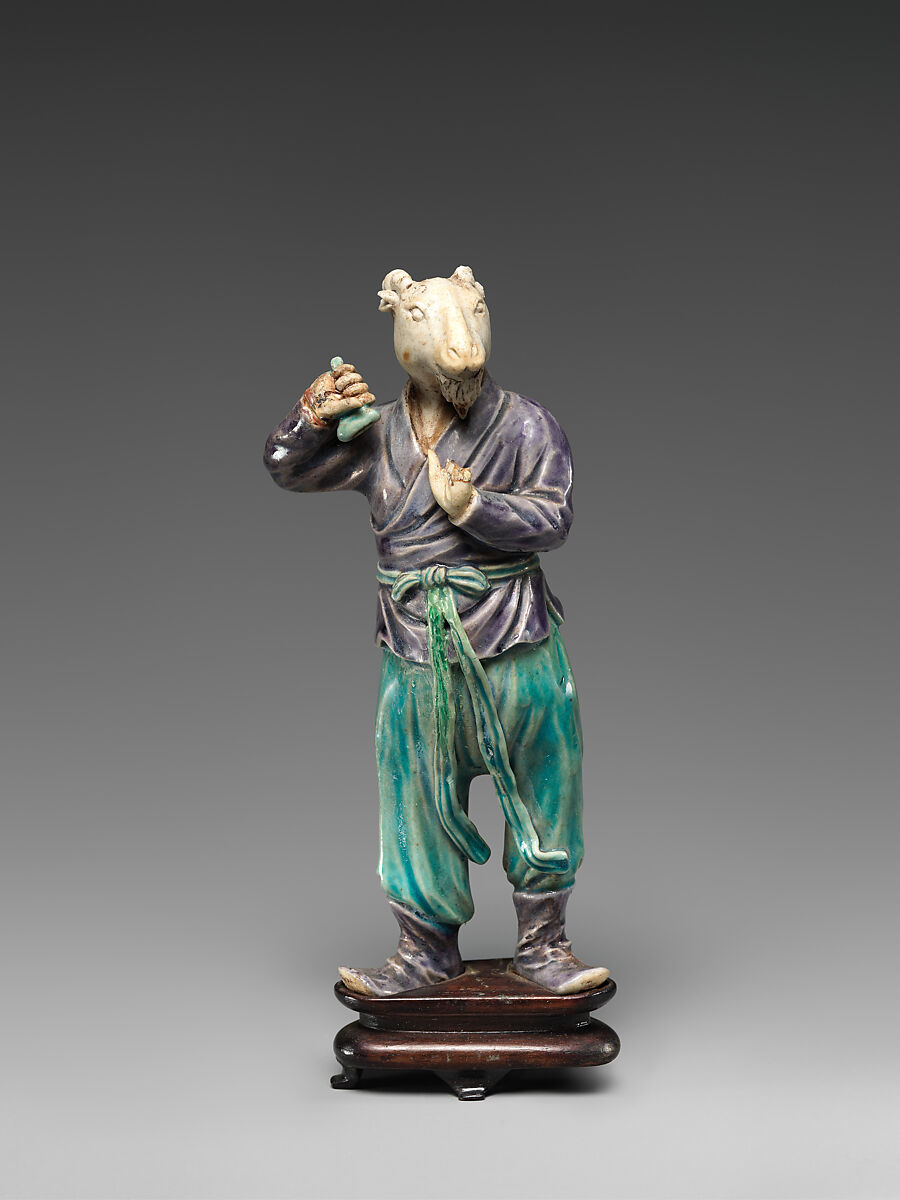 Zodiac figure: goat, Biscuit porcelain with turquoise and purple glazes, China 