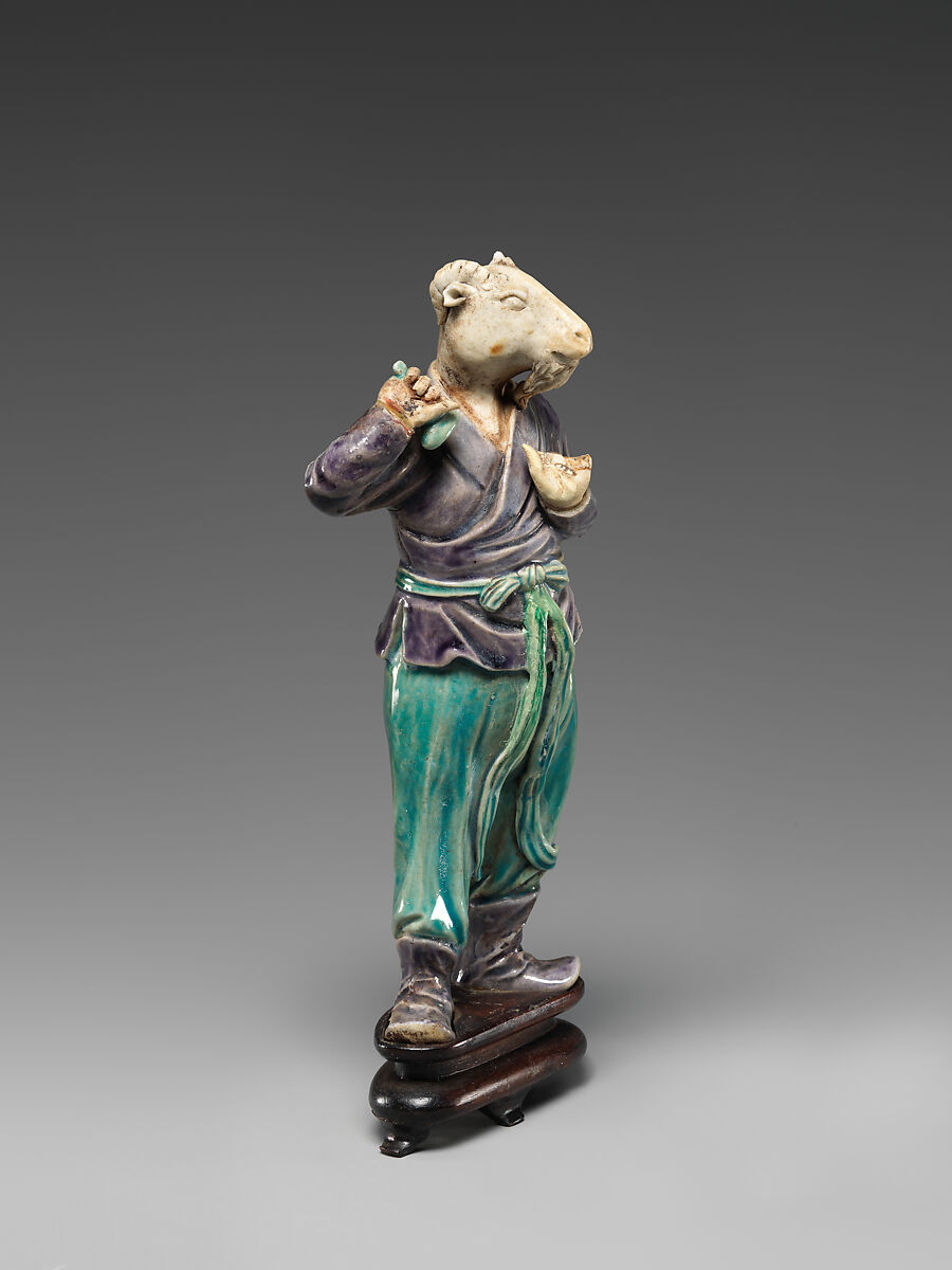 Zodiac figure: goat, Biscuit porcelain with turquoise and purple glazes, China