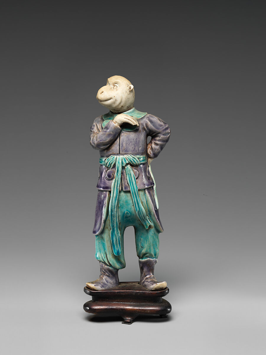 Zodiac Figure: Monkey, Porcelain, in the biscuit with turquoise and aubergine glazes, China