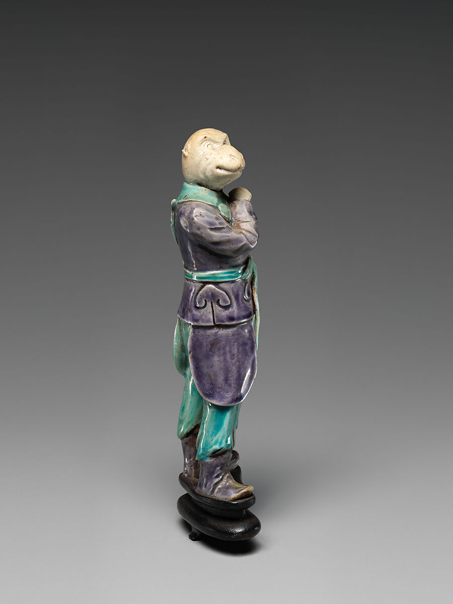 Zodiac Figure: Monkey, Porcelain, in the biscuit with turquoise and aubergine glazes, China