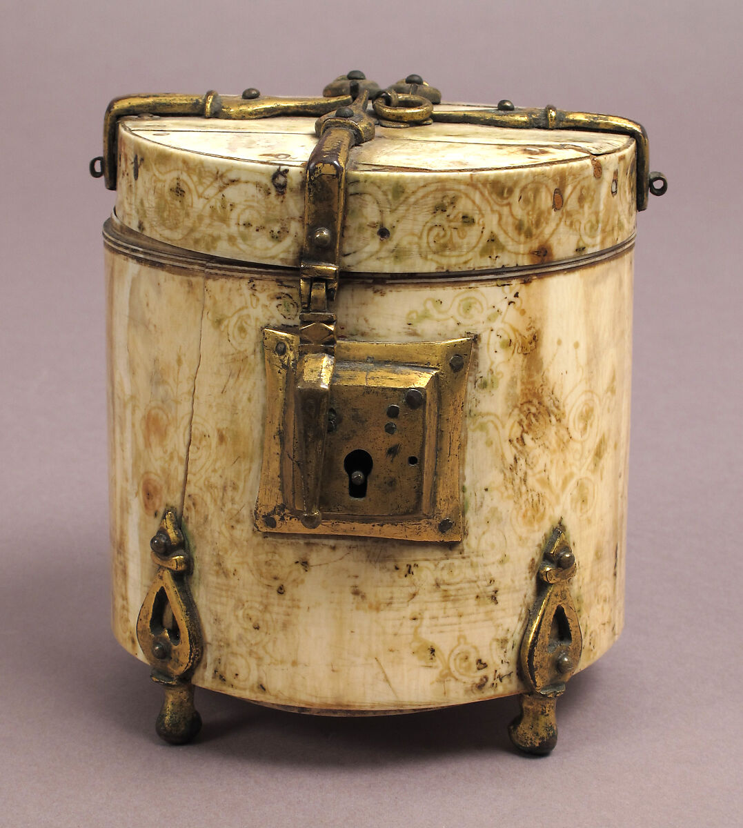 Pyxis with Painted Designs, Ivory; painted, gilded copper alloy mounts