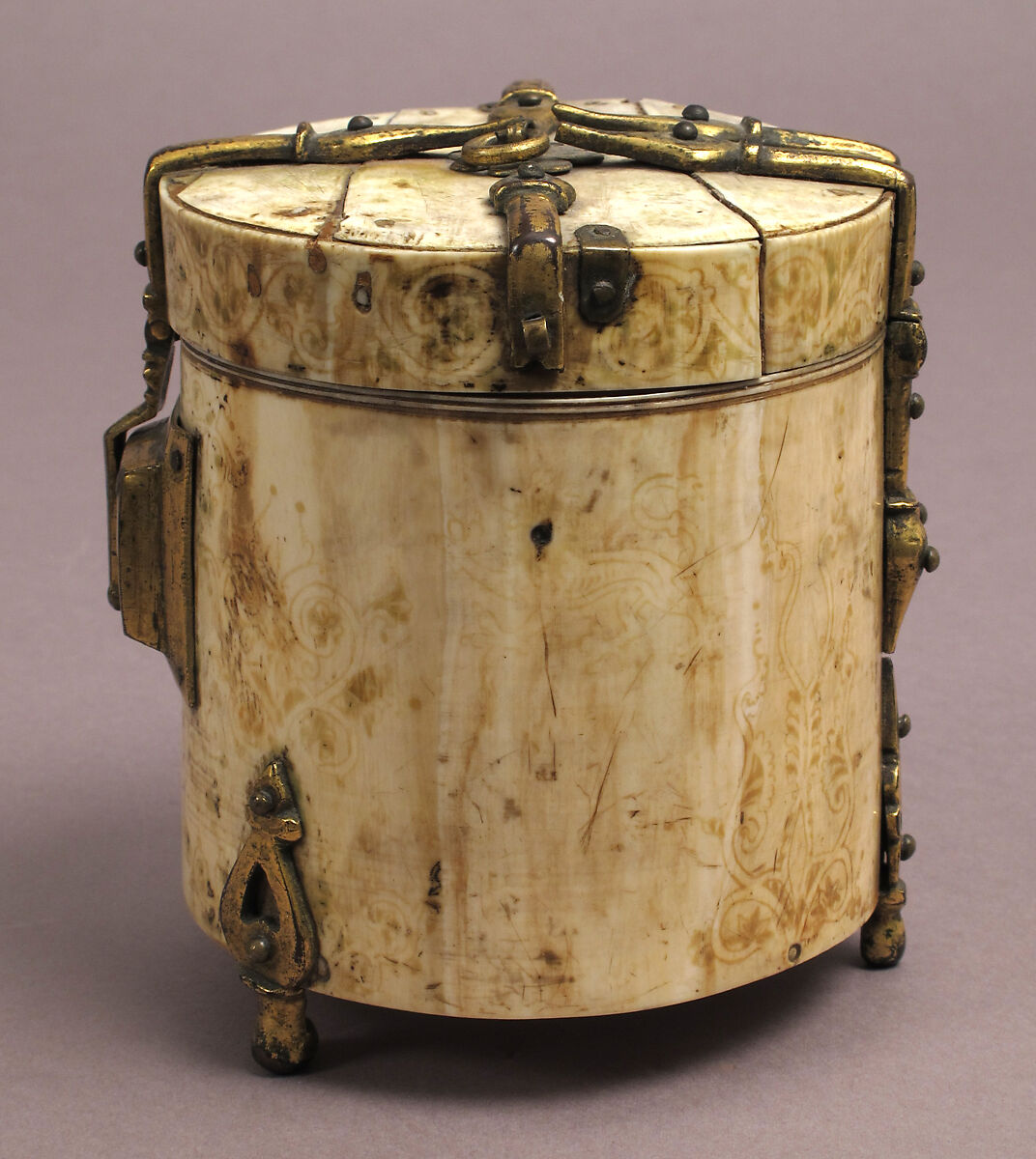 Pyxis with Painted Designs, Ivory; painted, gilded copper alloy mounts