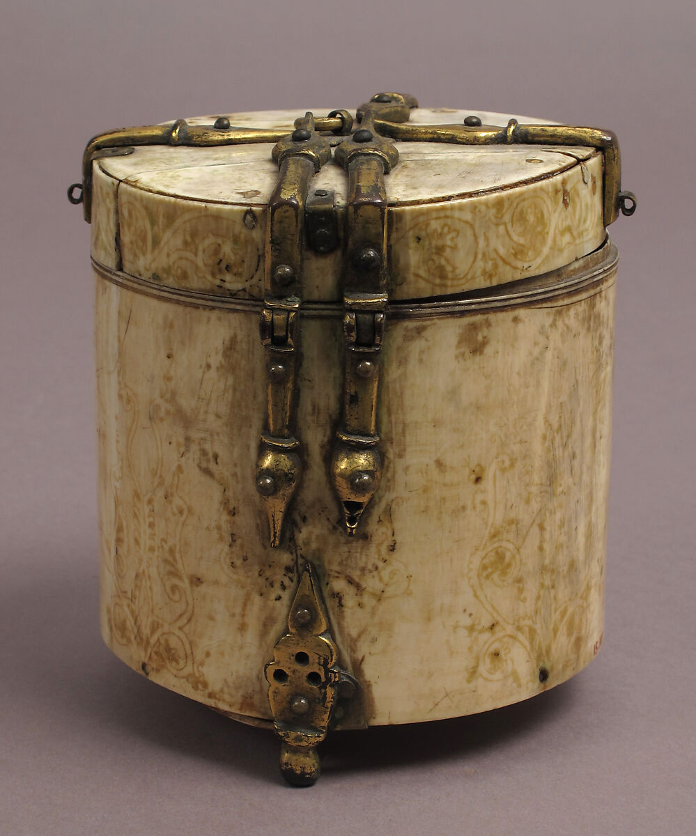 Pyxis with Painted Designs, Ivory; painted, gilded copper alloy mounts