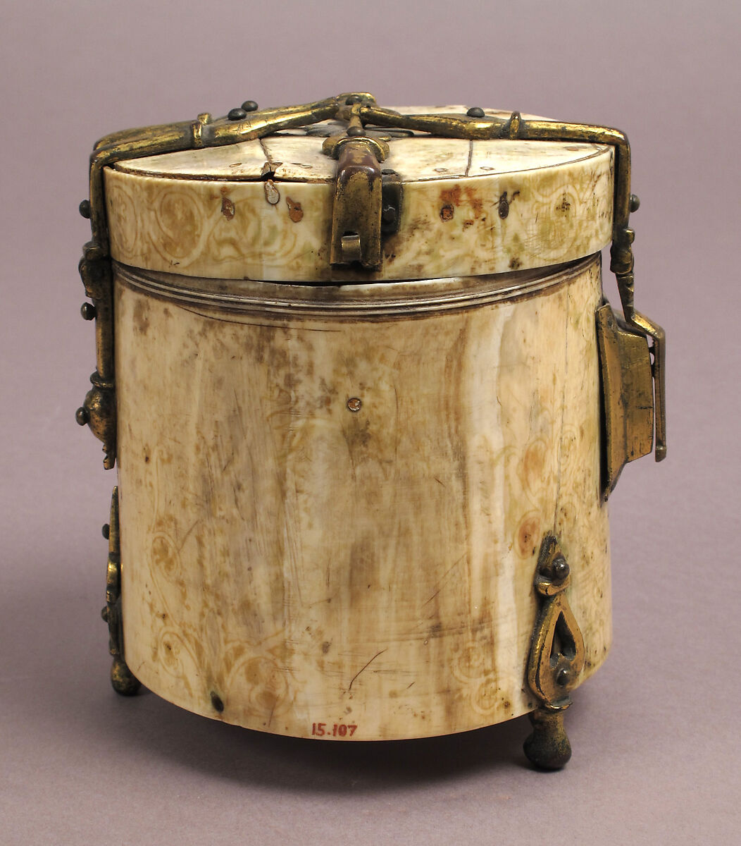 Pyxis with Painted Designs, Ivory; painted, gilded copper alloy mounts