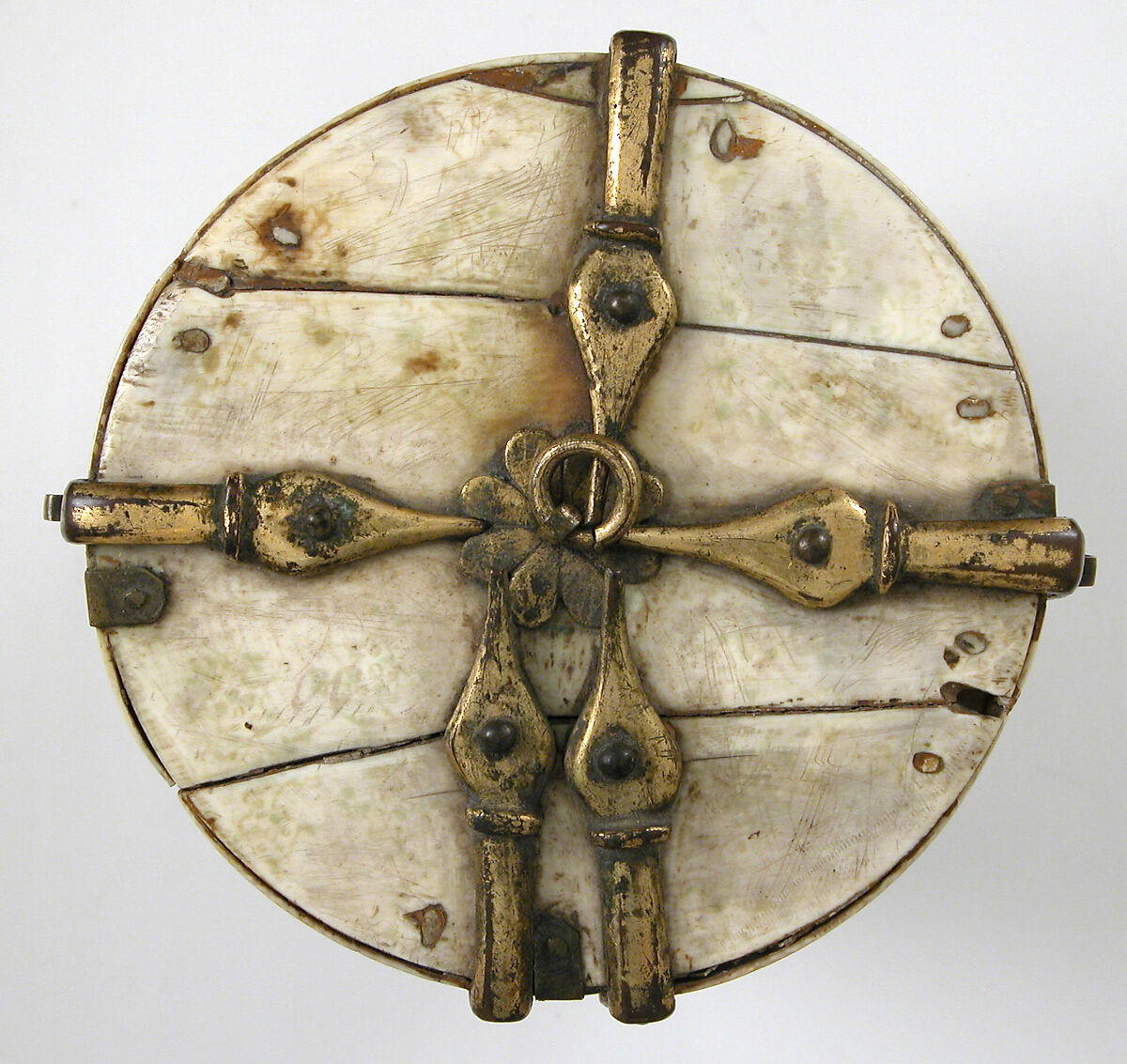 Pyxis with Painted Designs, Ivory; painted, gilded copper alloy mounts