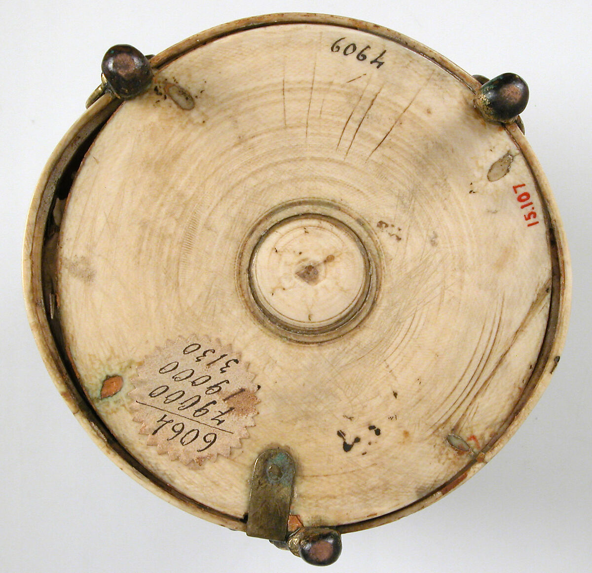 Pyxis with Painted Designs, Ivory; painted, gilded copper alloy mounts