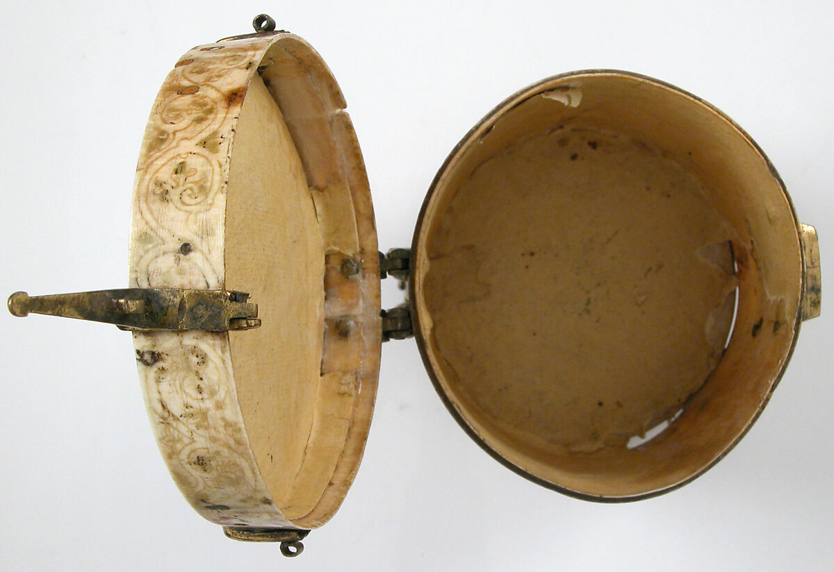 Pyxis with Painted Designs, Ivory; painted, gilded copper alloy mounts
