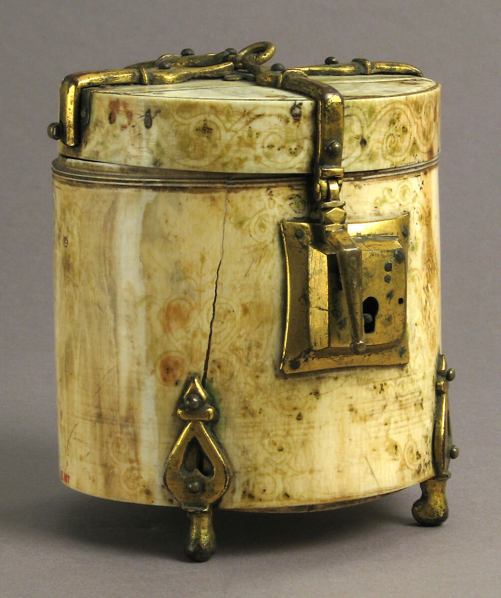 Pyxis with Painted Designs, Ivory; painted, gilded copper alloy mounts
