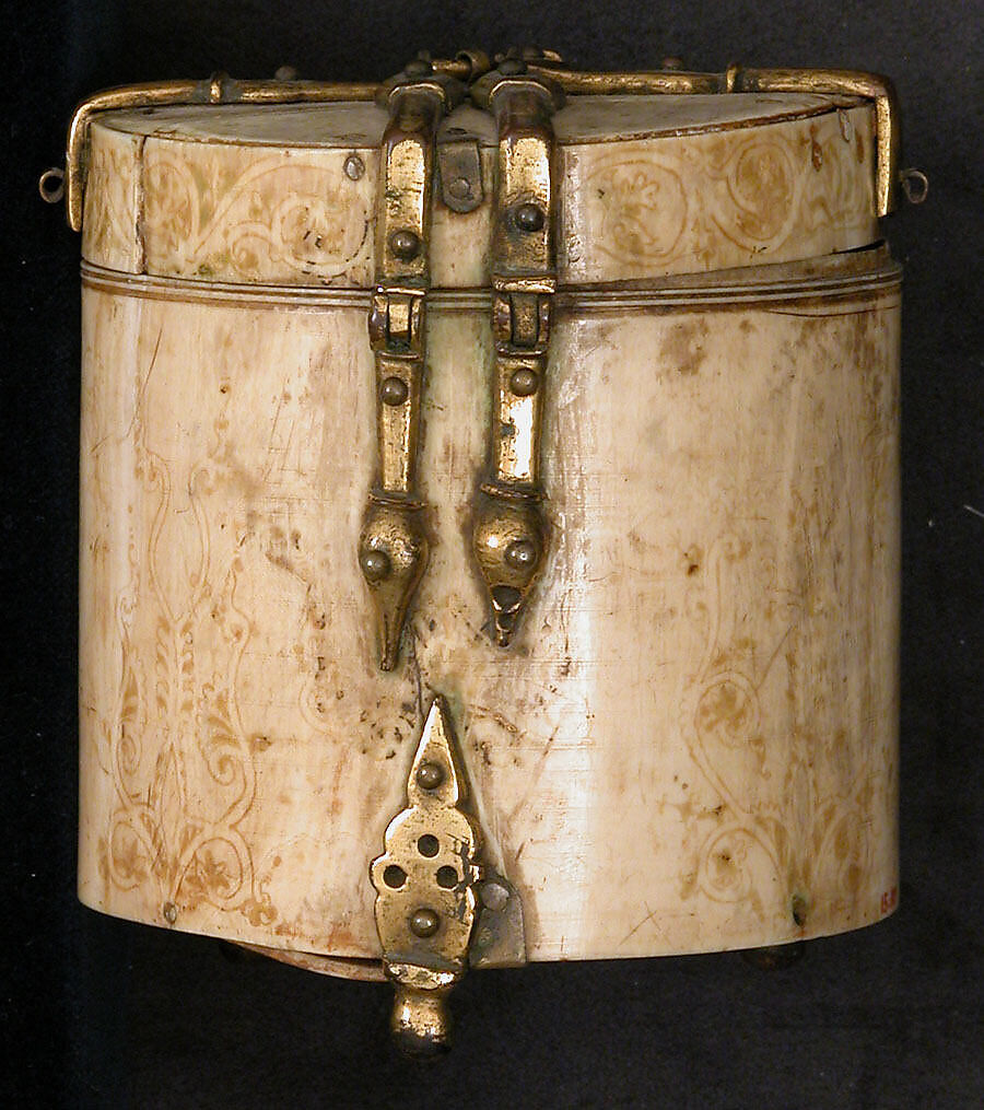 Pyxis with Painted Designs, Ivory; painted, gilded copper alloy mounts