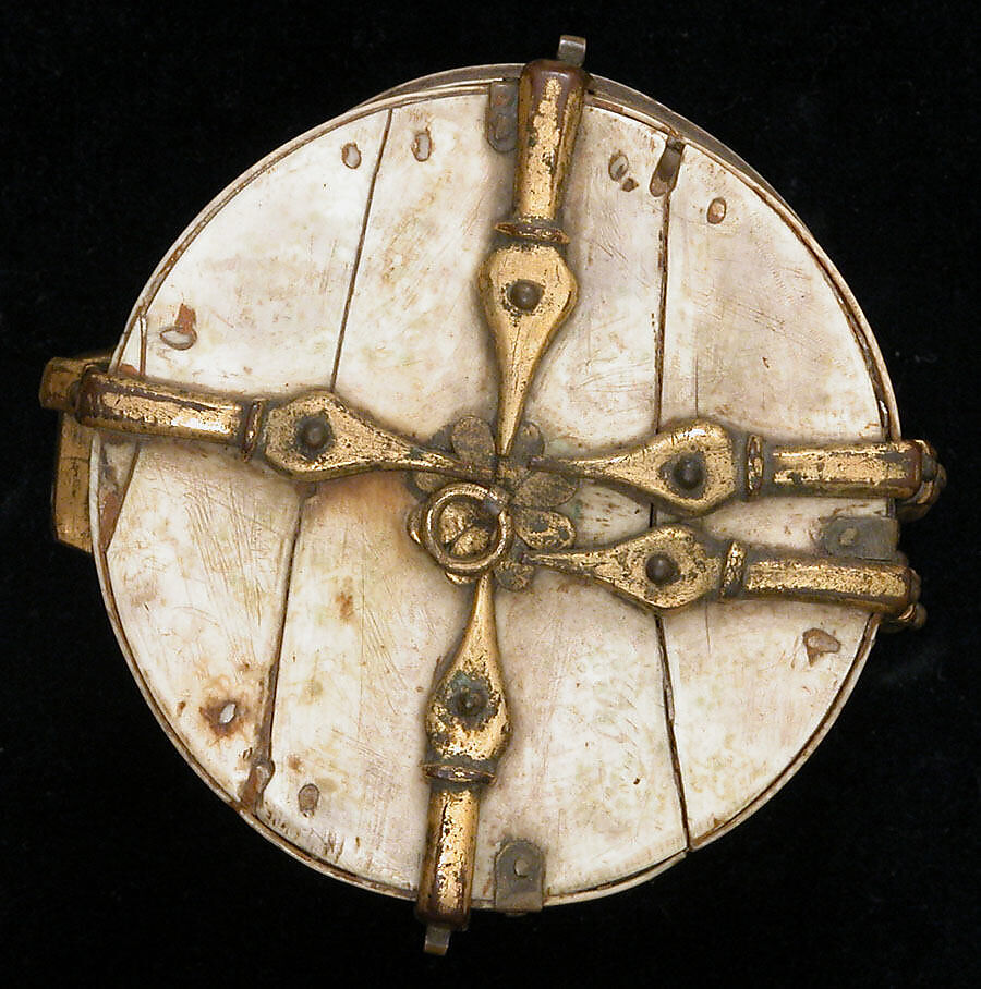 Pyxis with Painted Designs, Ivory; painted, gilded copper alloy mounts