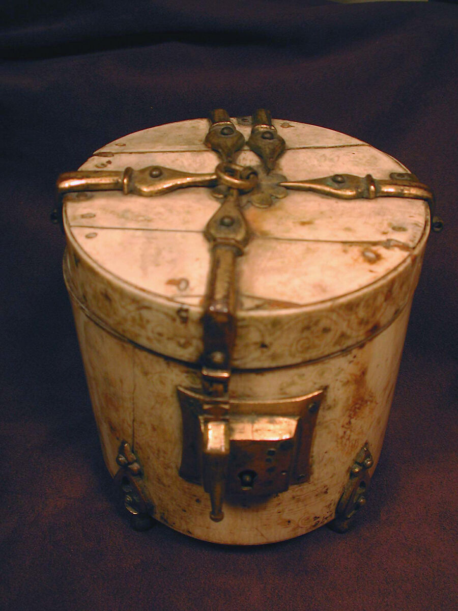 Pyxis with Painted Designs, Ivory; painted, gilded copper alloy mounts