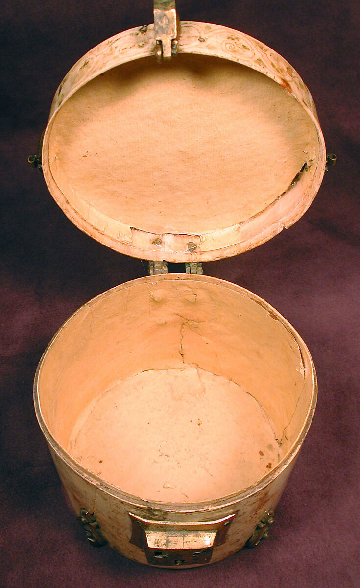 Pyxis with Painted Designs, Ivory; painted, gilded copper alloy mounts