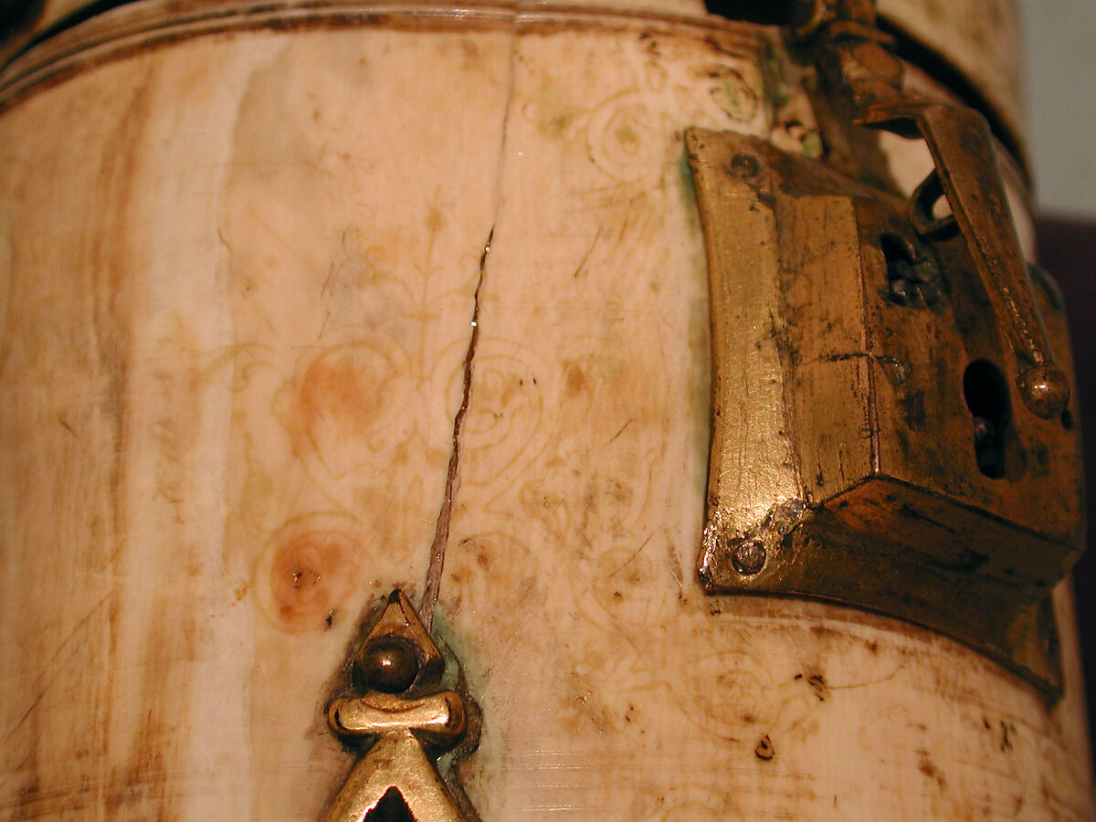 Pyxis with Painted Designs, Ivory; painted, gilded copper alloy mounts