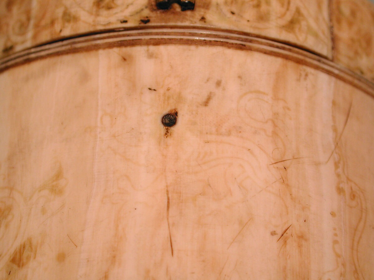 Pyxis with Painted Designs, Ivory; painted, gilded copper alloy mounts