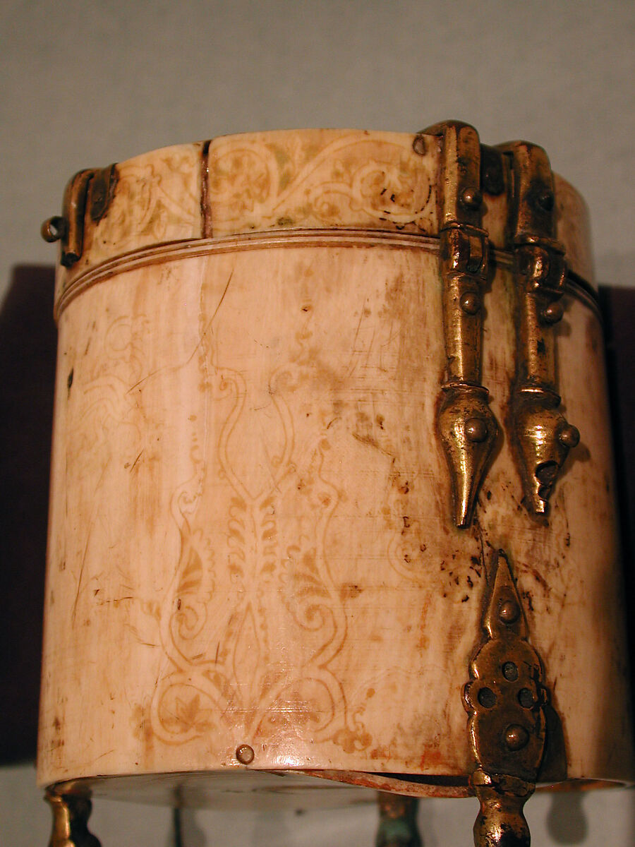 Pyxis with Painted Designs, Ivory; painted, gilded copper alloy mounts