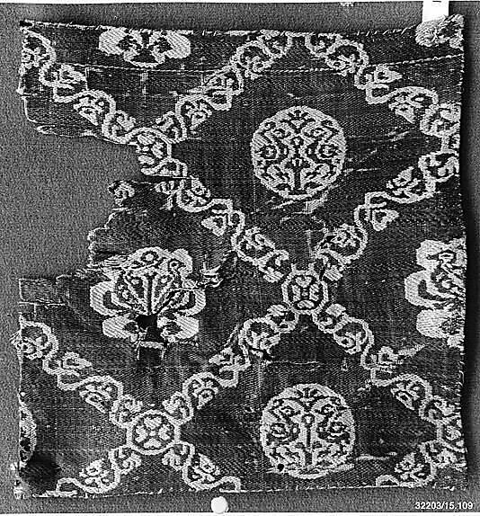 Textile Fragment with Vine Lattice and Birds, Silk; samit