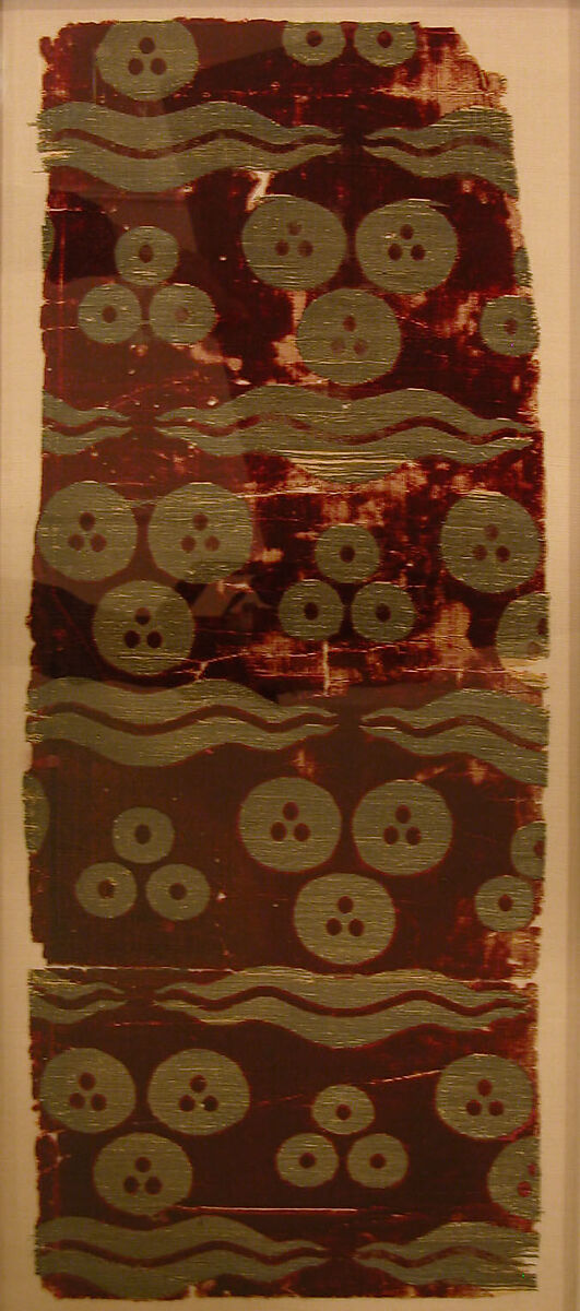 Silk Velvet Fragment with Tiger-Stripe and 'Cintamani' Design, Silk, metal wrapped thread; cut and voided velvet, brocaded 