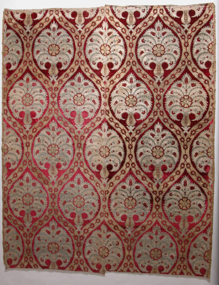 Textile Fragment, Silk, cotton, metal wrapped thread; cut and voided velvet, brocaded 