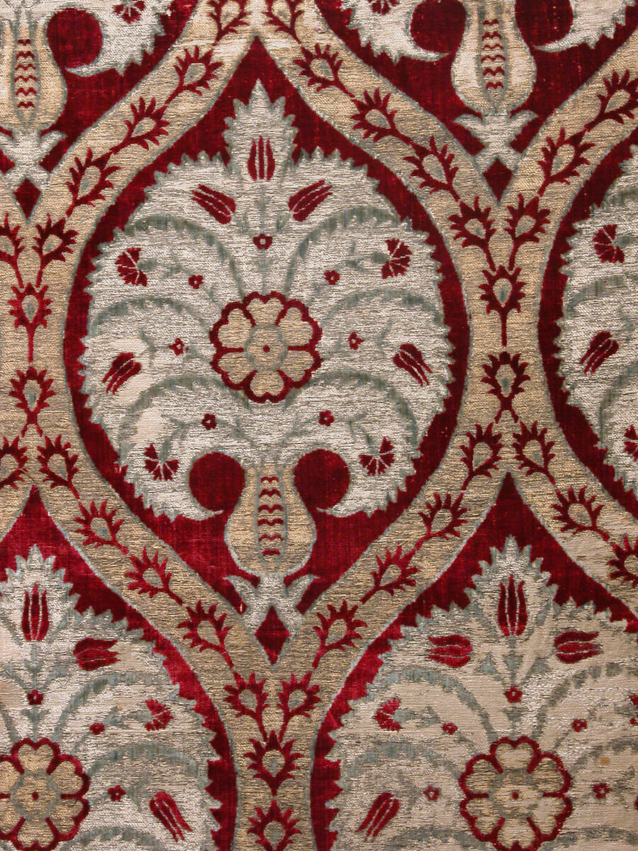 Textile Fragment, Silk, cotton, metal wrapped thread; cut and voided velvet, brocaded