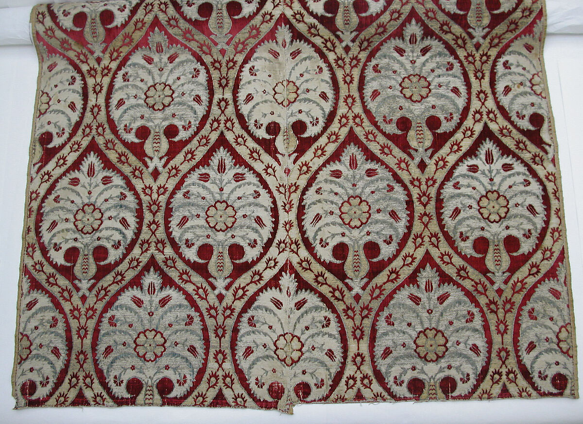Textile Fragment, Silk, cotton, metal wrapped thread; cut and voided velvet, brocaded