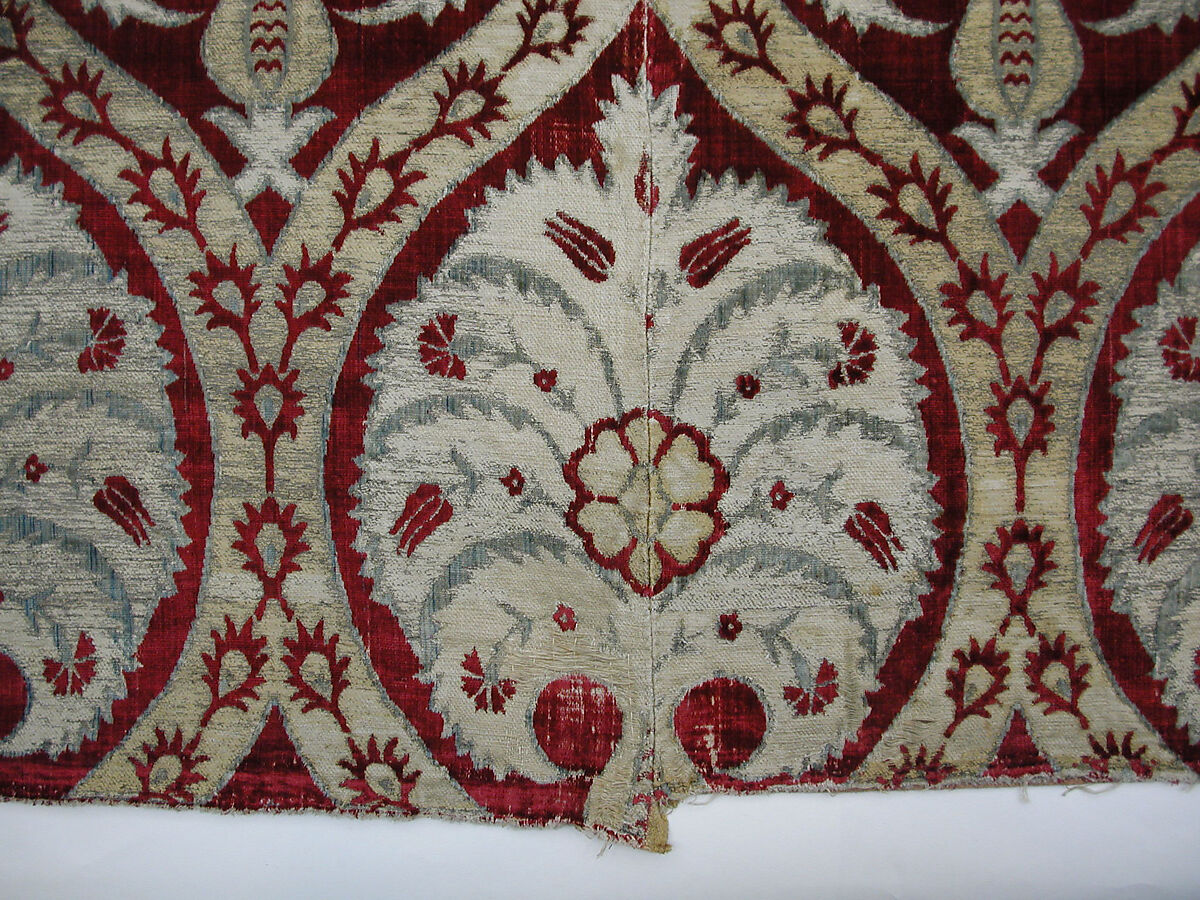 Textile Fragment, Silk, cotton, metal wrapped thread; cut and voided velvet, brocaded