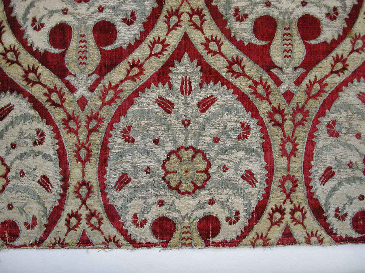 Textile Fragment, Silk, cotton, metal wrapped thread; cut and voided velvet, brocaded