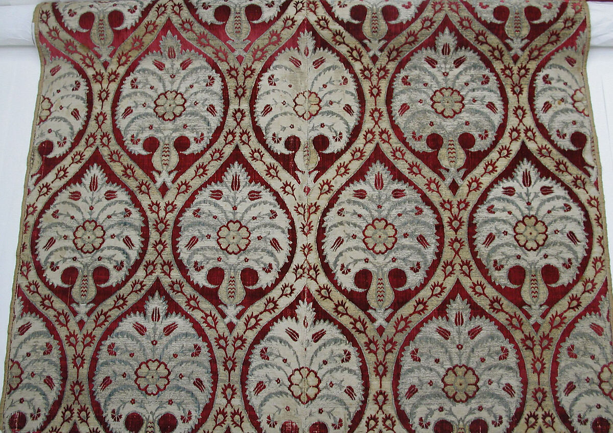 Textile Fragment, Silk, cotton, metal wrapped thread; cut and voided velvet, brocaded