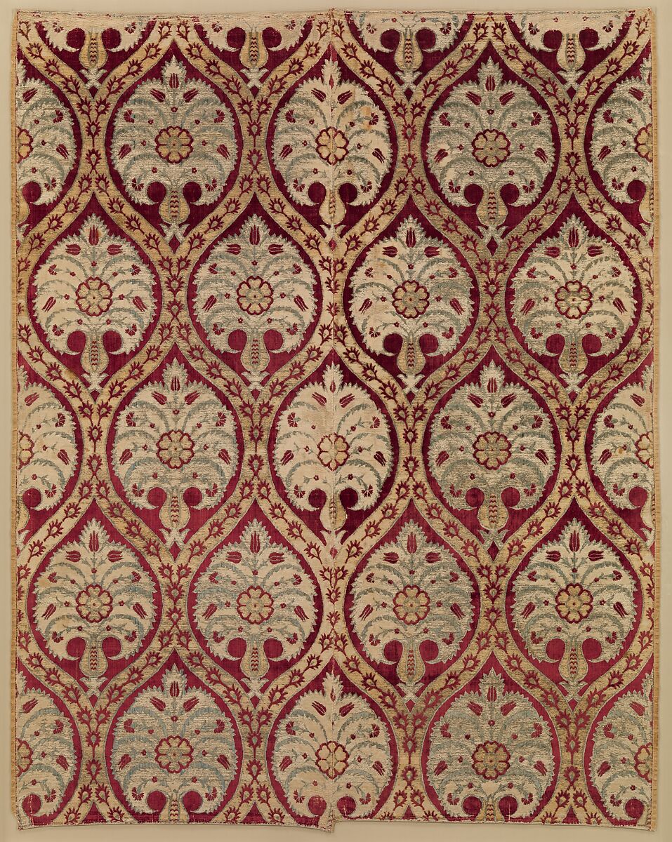 Textile Fragment, Silk, cotton, metal wrapped thread; cut and voided velvet, brocaded