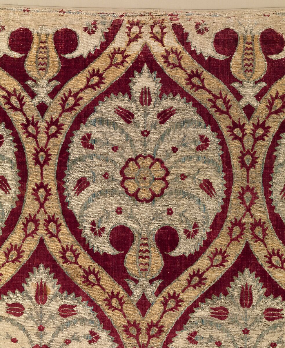 Textile Fragment, Silk, cotton, metal wrapped thread; cut and voided velvet, brocaded