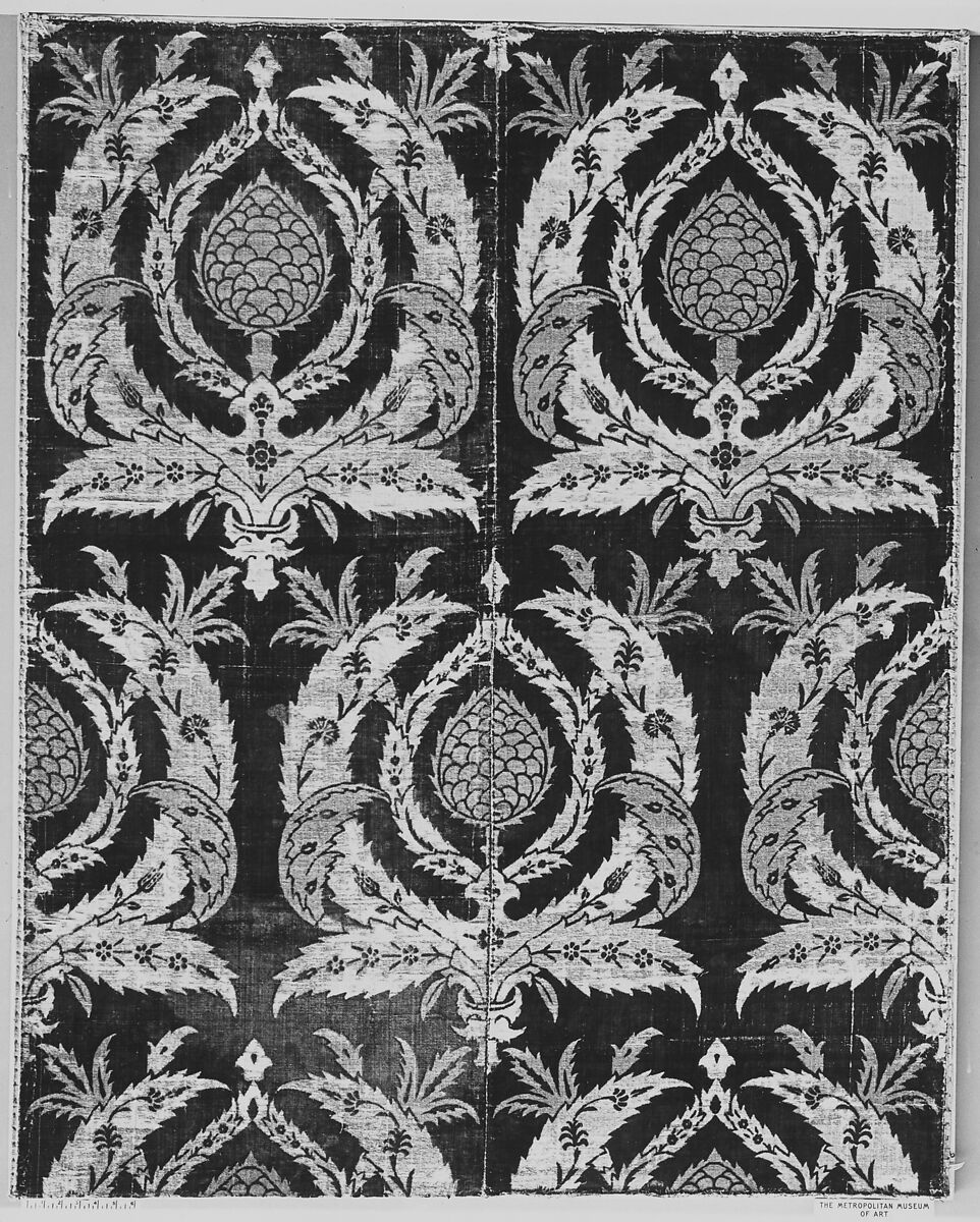 Rectangular Textile Fragment, Silk, metal wrapped thread; cut and voided velvet, brocaded