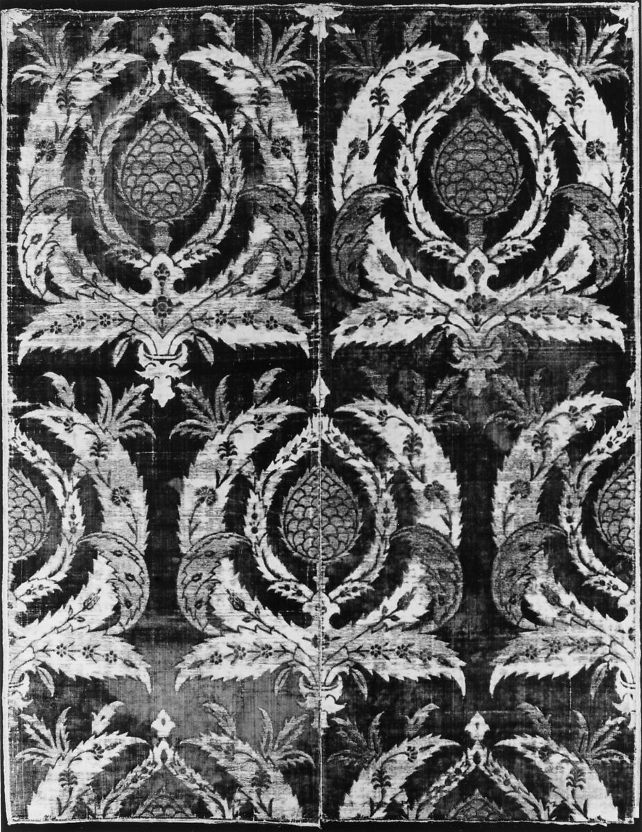 Rectangular Textile Fragment, Silk, metal wrapped thread; cut and voided velvet, brocaded