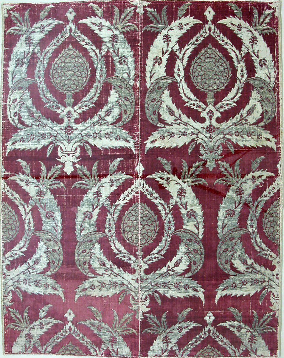 Rectangular Textile Fragment, Silk, metal wrapped thread; cut and voided velvet, brocaded