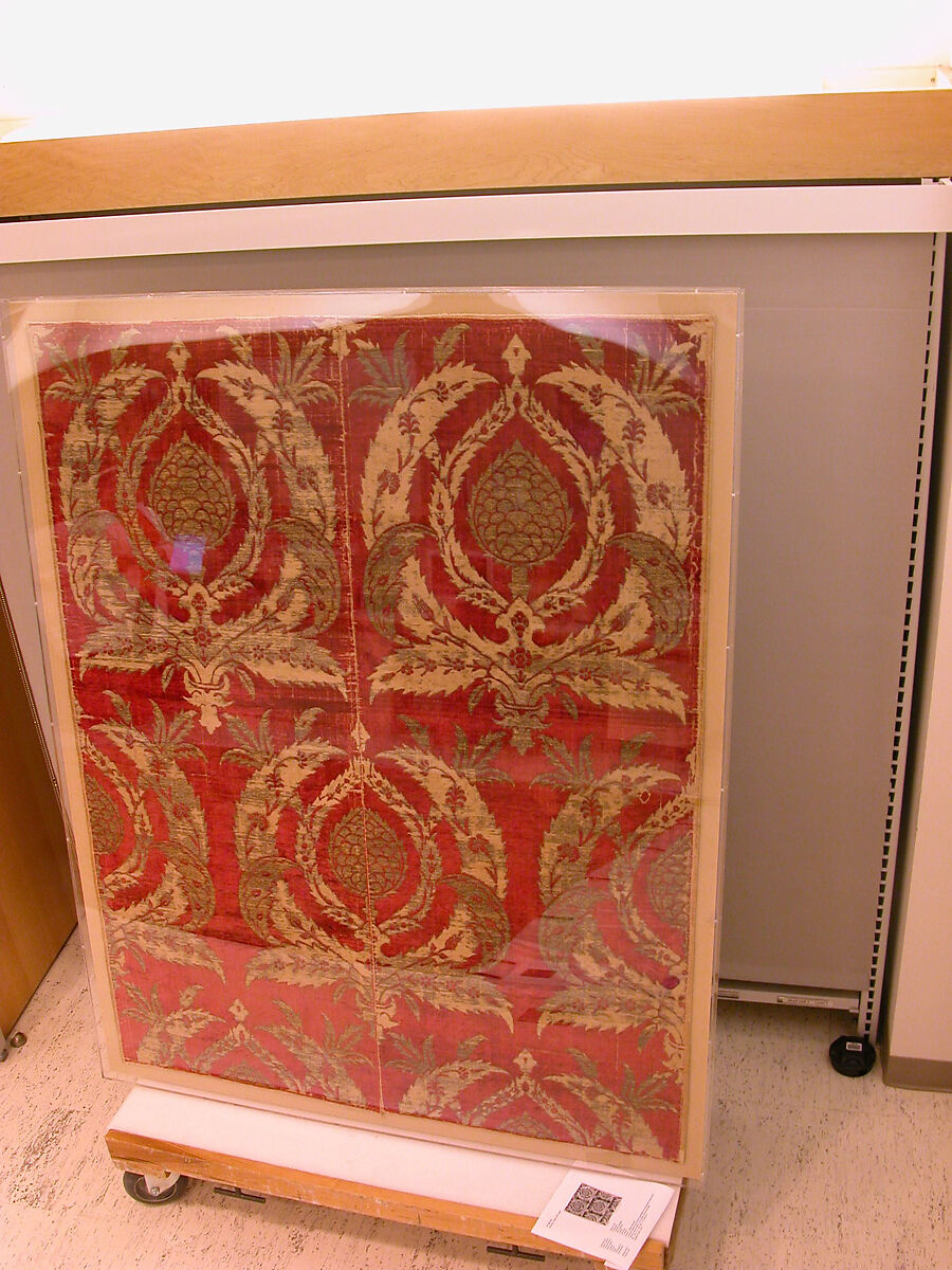 Rectangular Textile Fragment, Silk, metal wrapped thread; cut and voided velvet, brocaded