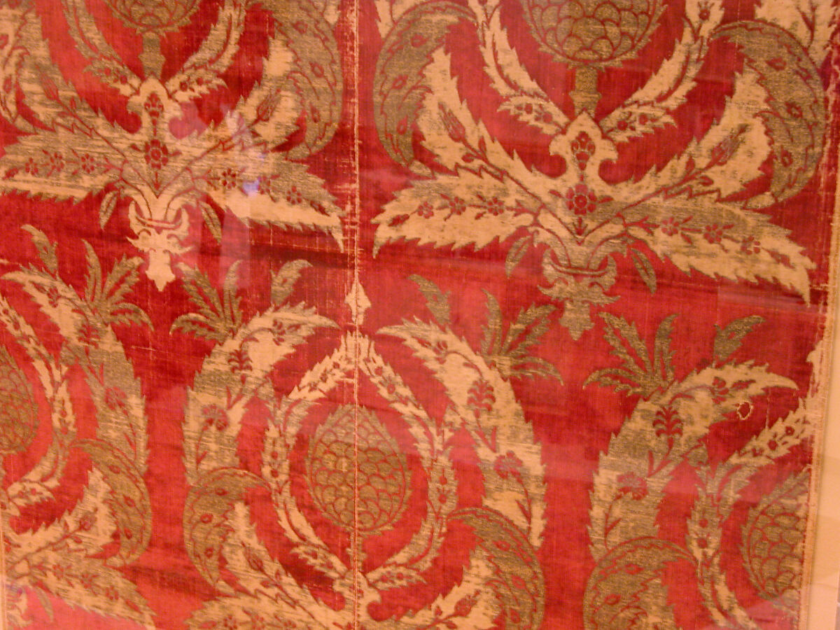 Rectangular Textile Fragment, Silk, metal wrapped thread; cut and voided velvet, brocaded