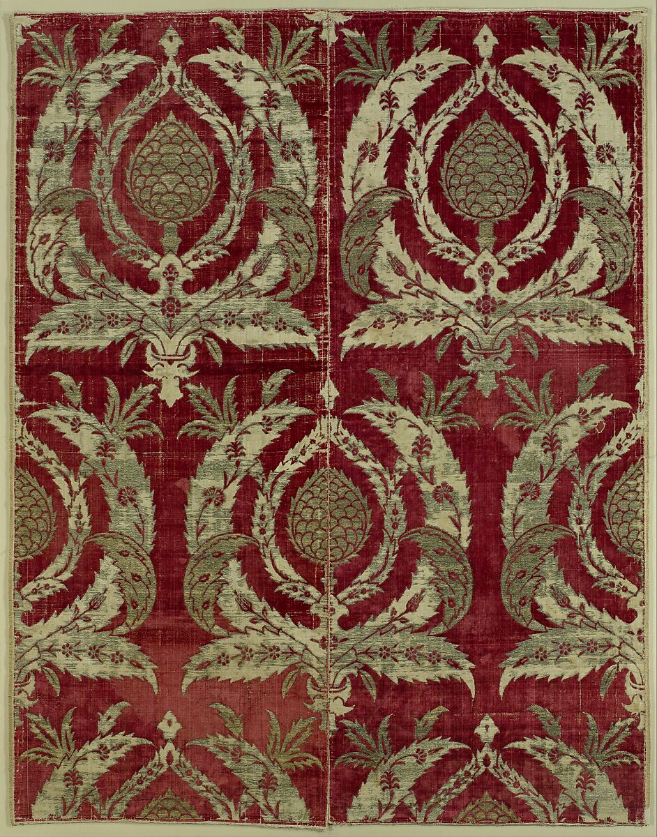 Rectangular Textile Fragment, Silk, metal wrapped thread; cut and voided velvet, brocaded 