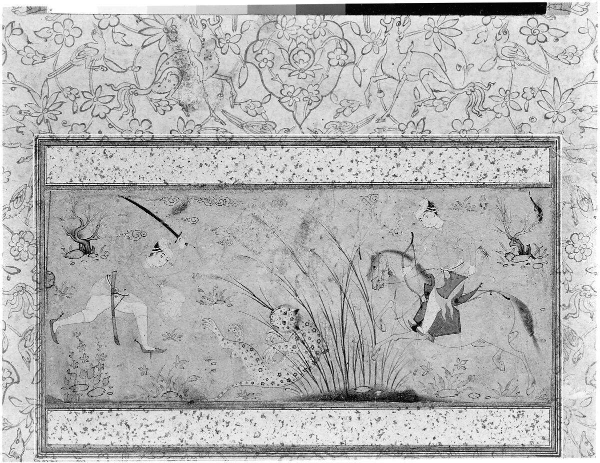 Hunting Scene, Ink, transparent watercolor, and gold on paper