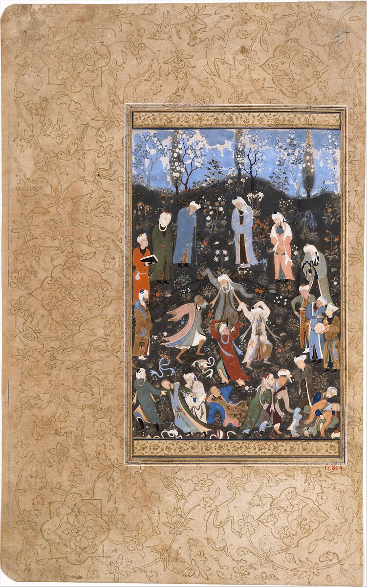 "Dancing Dervishes", Folio from a Divan of Hafiz, Hafiz (Iranian, Shiraz ca. 1325–1390 Shiraz), Opaque watercolor and gold on paper