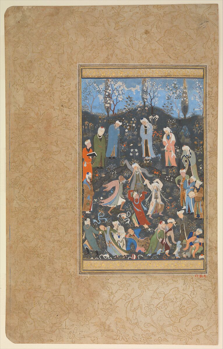"Dancing Dervishes", Folio from a Divan of Hafiz, Hafiz (Iranian, Shiraz ca. 1325–1390 Shiraz), Opaque watercolor and gold on paper 