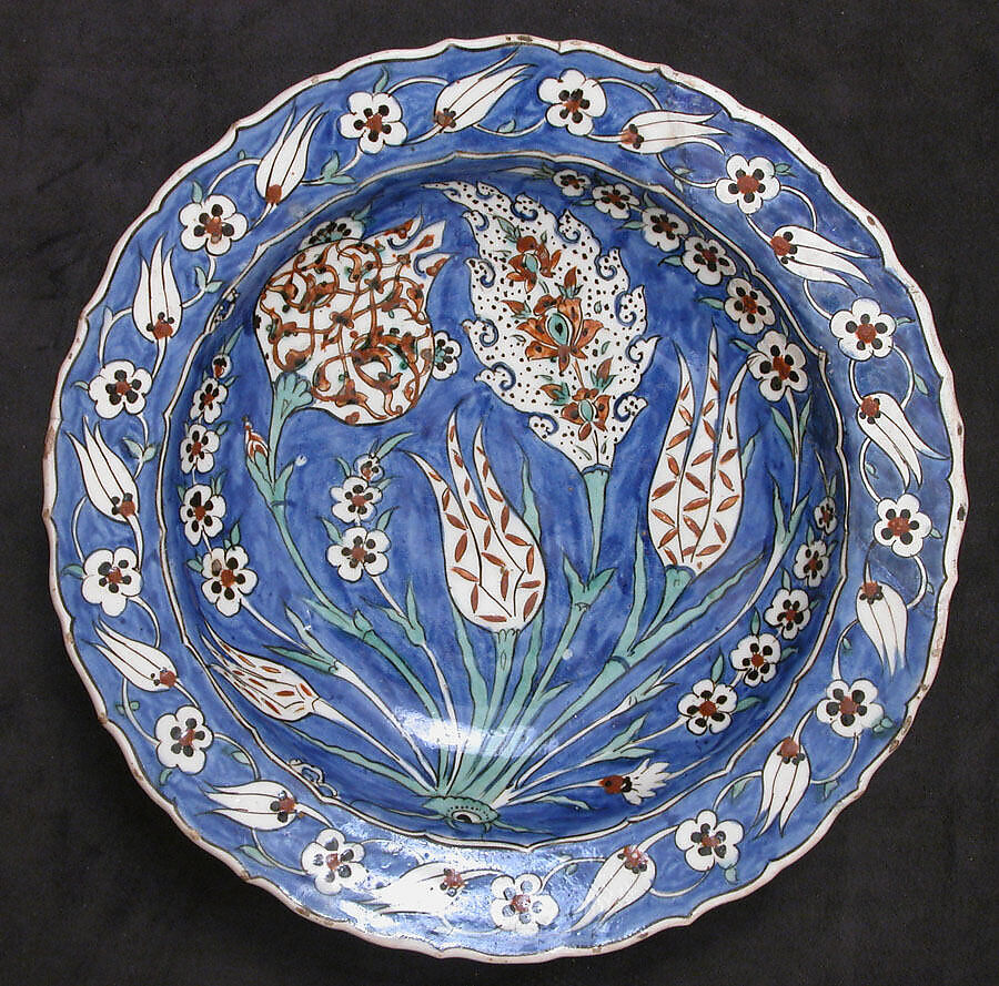 Blue-Ground Dish with Floral Design, Stonepaste; polychrome painted under transparent glaze