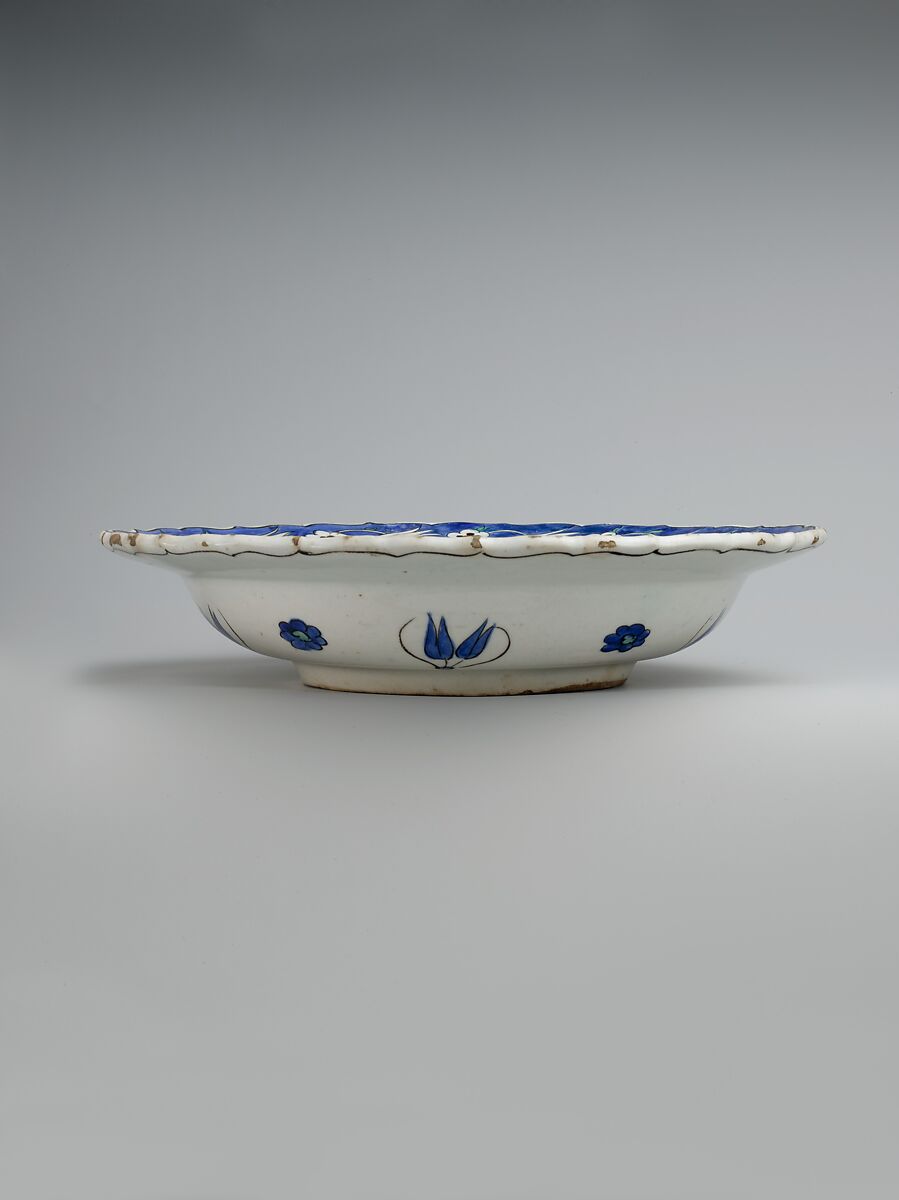Blue-Ground Dish with Floral Design, Stonepaste; polychrome painted under transparent glaze