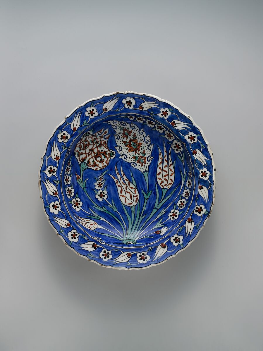 Blue-Ground Dish with Floral Design, Stonepaste; polychrome painted under transparent glaze 