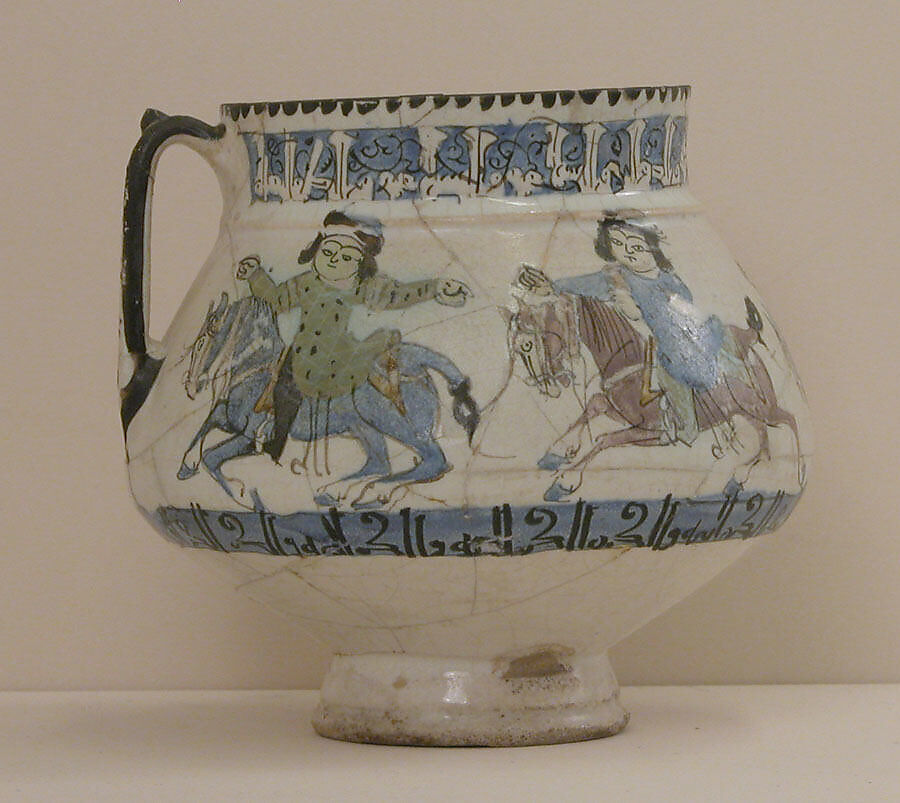 Ewer with Horsemen Inscribed in Arabic with Good Wishes to its Owner, Stonepaste; polychrome inglaze and overglaze painted on opaque monochrome glaze (mina'i)