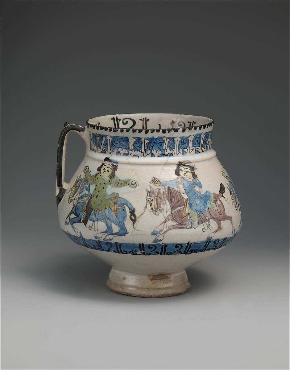 Ewer with Horsemen Inscribed in Arabic with Good Wishes to its Owner, Stonepaste; polychrome inglaze and overglaze painted on opaque monochrome glaze (mina'i) 