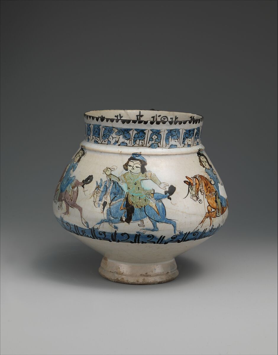 Ewer with Horsemen Inscribed in Arabic with Good Wishes to its Owner, Stonepaste; polychrome inglaze and overglaze painted on opaque monochrome glaze (mina'i)