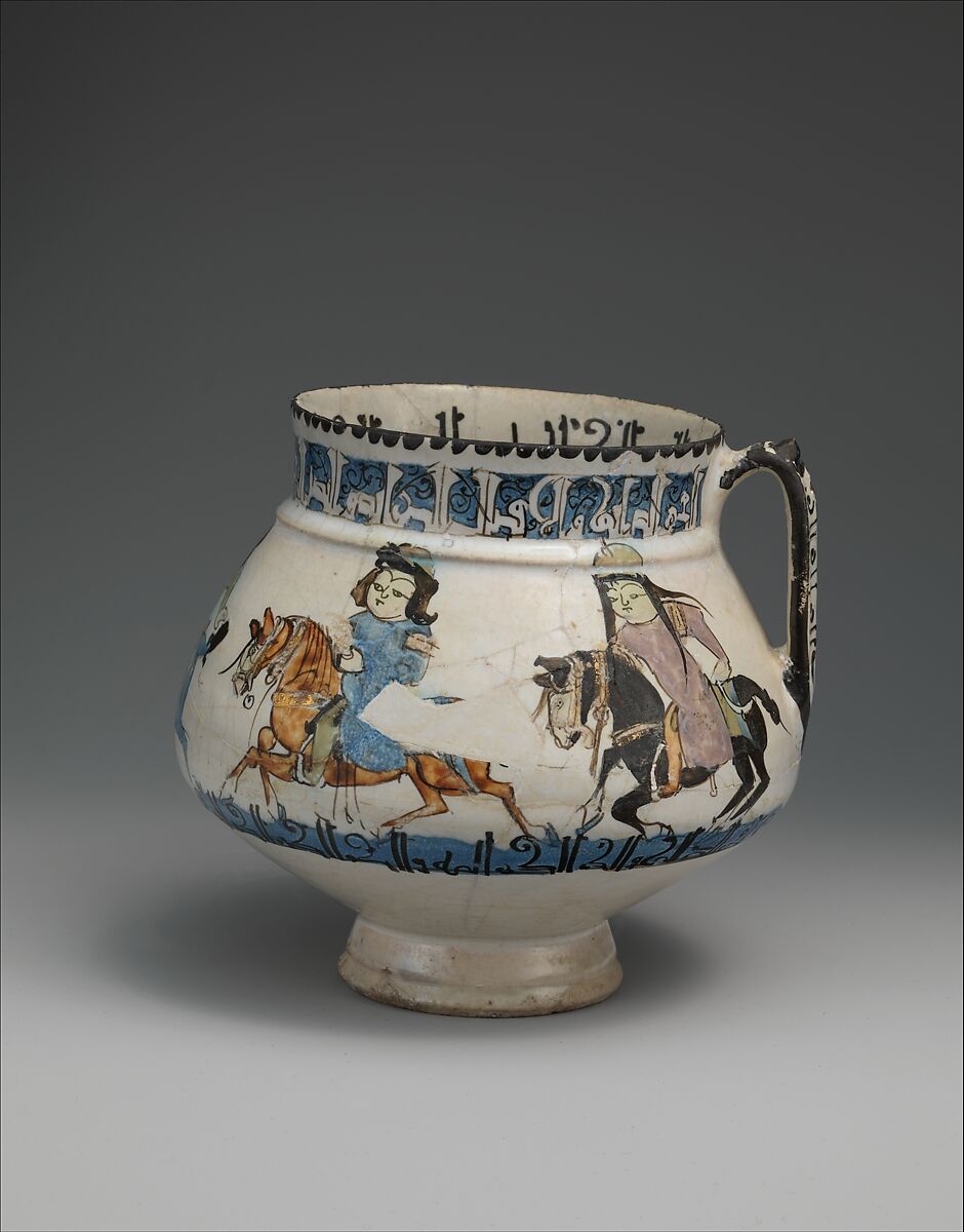 Ewer with Horsemen Inscribed in Arabic with Good Wishes to its Owner, Stonepaste; polychrome inglaze and overglaze painted on opaque monochrome glaze (mina'i)