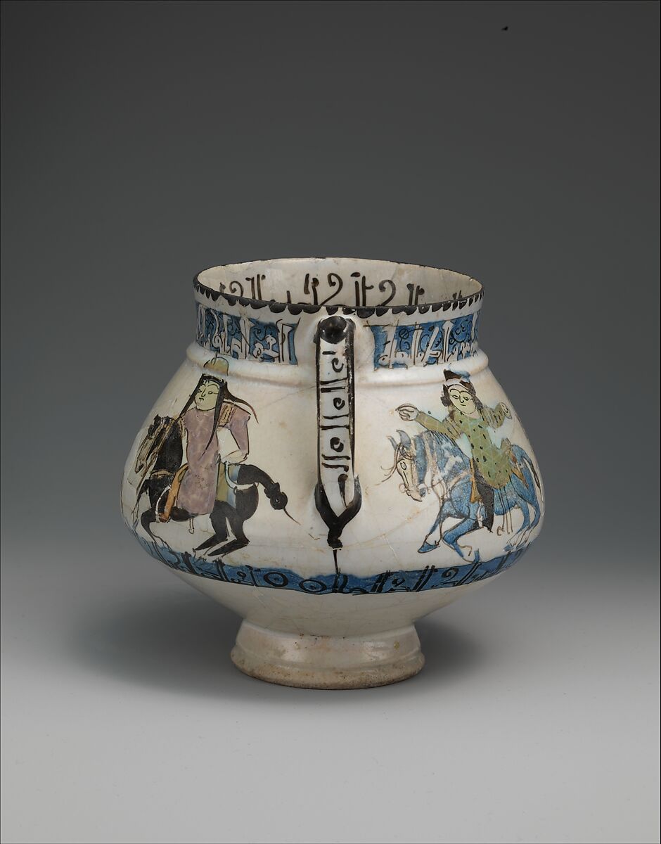 Ewer with Horsemen Inscribed in Arabic with Good Wishes to its Owner, Stonepaste; polychrome inglaze and overglaze painted on opaque monochrome glaze (mina'i)